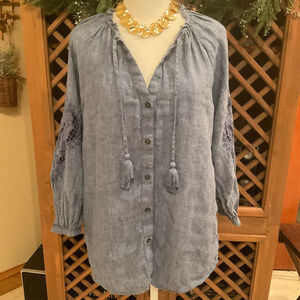 Linen Charter Club Luxury Blue Linen Boho Tunic Top Tassel Tie Medium